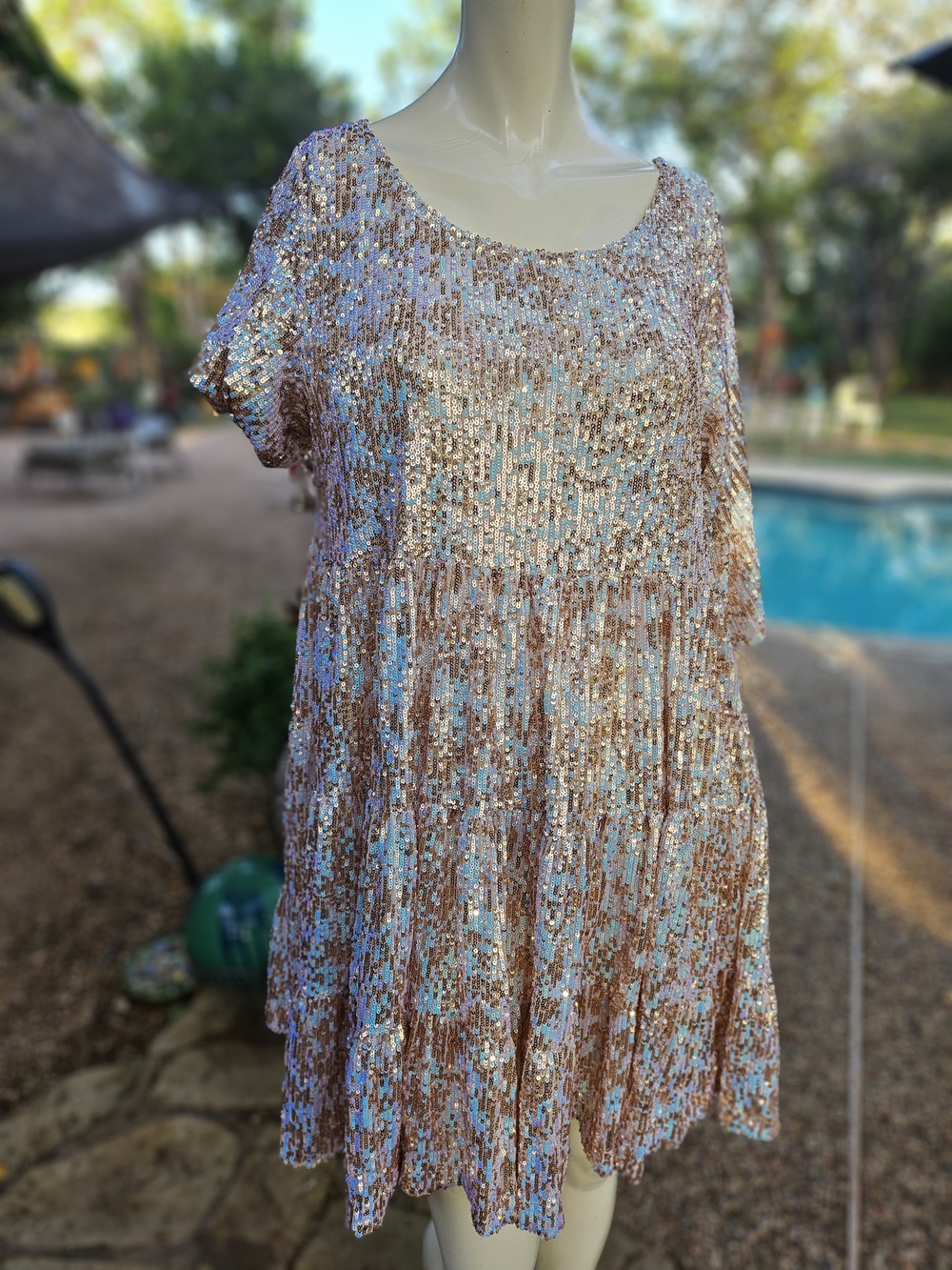 By Together Sequin Babydoll Dress Rose Gold Light Blue Size Large MSRP $108